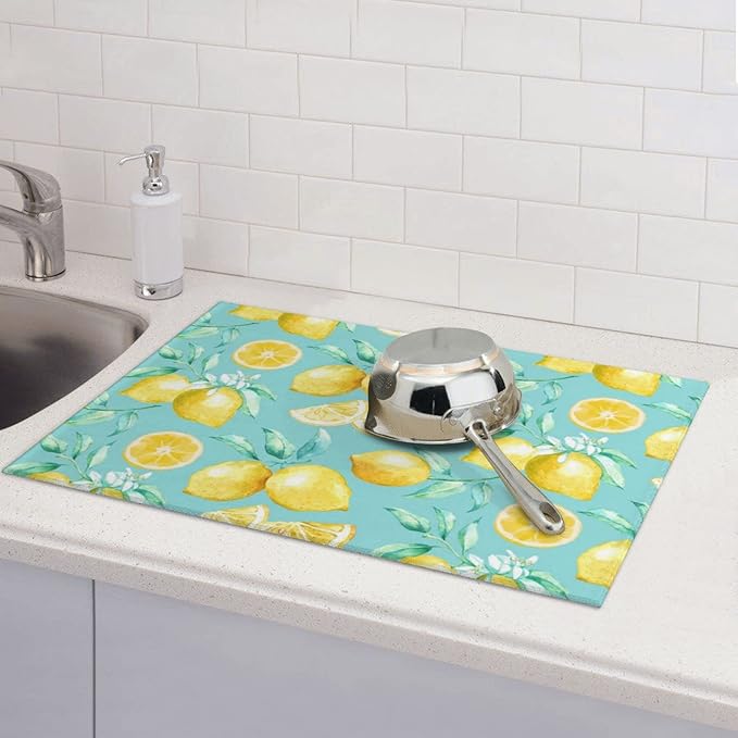 Spring Yellow Lemon Teal Background Microfiber Dish Drying Mat For Kitchen Countertop Xl Absorbent Reversible Drainer Rack Pad Extra Large 18 X 24 Inch