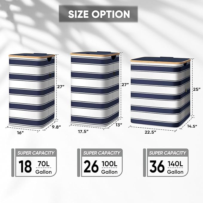 BALEINE Laundry Hamper with Lid, Tall Laundry Baskets with Bamboo Pull Handles, Large Laundry Bin with Internal Support (26 Gal/100L, Blue Stripe)