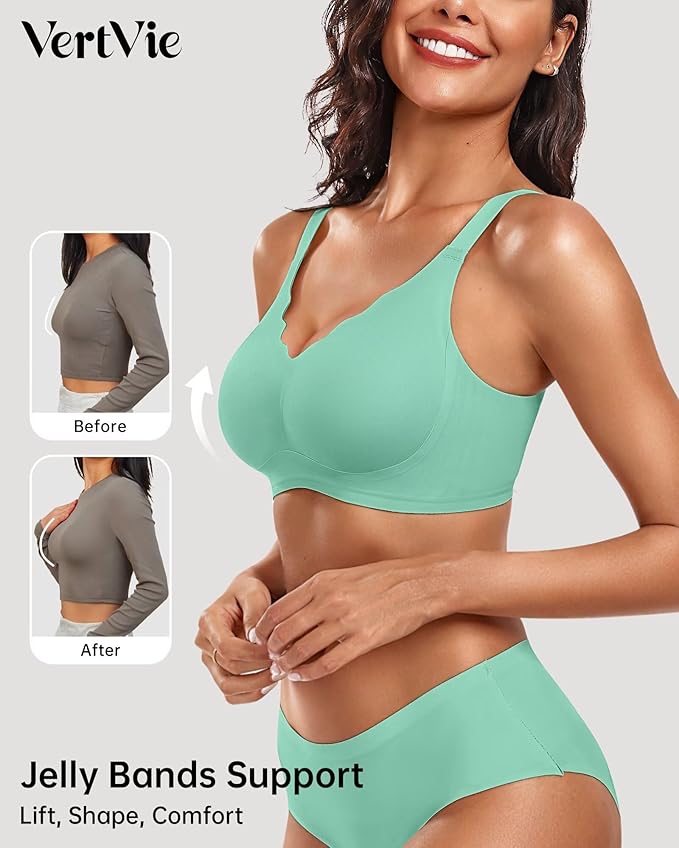 Vertvie Womens Seamless Bras No Underwire Supportive Wireless Push Up Full Coverage Bralette Comfort Scalloped T-Shirt Bra