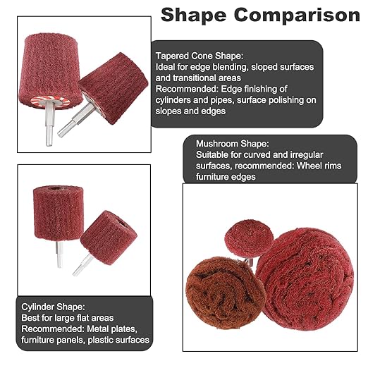 HighFree 7 PCS Non Woven Abrasive Buffing Polishing Wheels Drill Attachment Set - Scouring Pads Wheel with 1/4" Shank for Stainless Steel Copper Aluminum Wood-Wares (320 Grit Red)