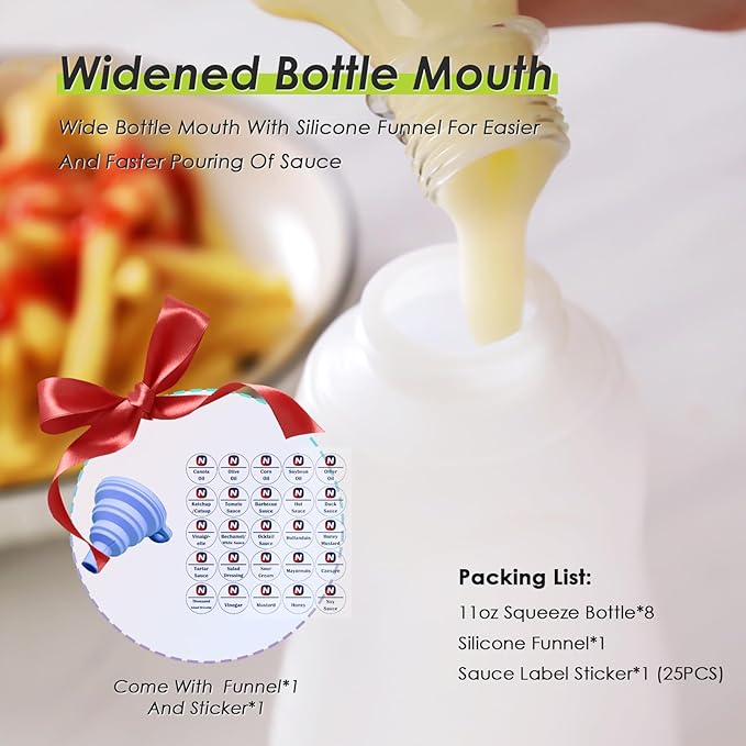 Condiment Squeeze Bottles for Ketchup Hot Sauce Liquids Oil with Caps for Condensed Milk Mustard Salad Dressing Dispenser Clear Plastic Bottles Dressing Container HD PE(8 Pack 11oz)