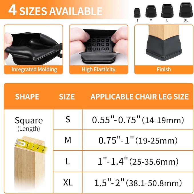 Ezprotekt 24 Pcs Black Chair Leg Sliders for Carpet, Square Chair Glides for Rug, Teflon Furniture Pads Leg Protectors Caps - for Dining Table, Bar Stool, End Table Legs (L Fit:1" - 1.4")