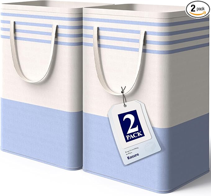 Kitsure Laundry Hamper - 2-Pack Collapsible Laundry Baskets with Well-Stitched Handles, Free-Standing Clothes Hamper with Rigid Top Edge for Household, Dorm Use, 2 x 75L, Blue