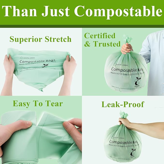 C Crystal Lemon 50 Count Biodegradable Kitchen Food Waste Bags - 6 Gallon Scraps Bags - Heavy Duty Compostable Waste Bags for Kitchen - Unscented Trash Bags 6 Gallon for Yard, Food