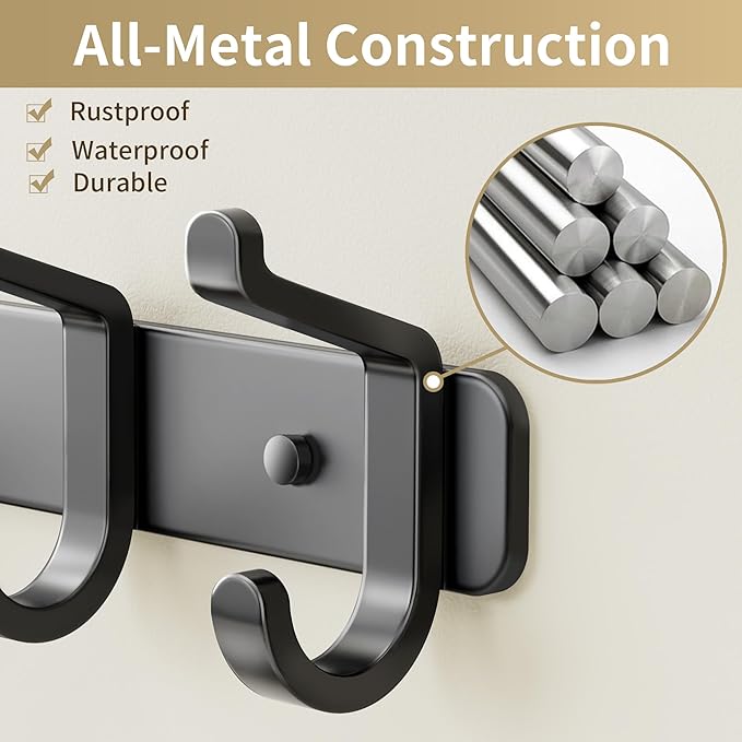Coat Rack Wall Mounted Heavy-Duty: Metal Coat Hanger 6 Hooks for Hanging Hat, Clothes, Robe, Keys, Backpack, Bathroom Towels, Jacket, Purse - Closet, Door, Entryway, Mudroom (Black, 1 Pack)