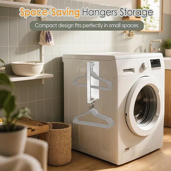 Magnetic Hanger Organizer, Strong Magnetic Hanger Holder for Washing Machine Dryer, Laundry Room Organization Space Saving Hanger Storage Rack Stacker, White