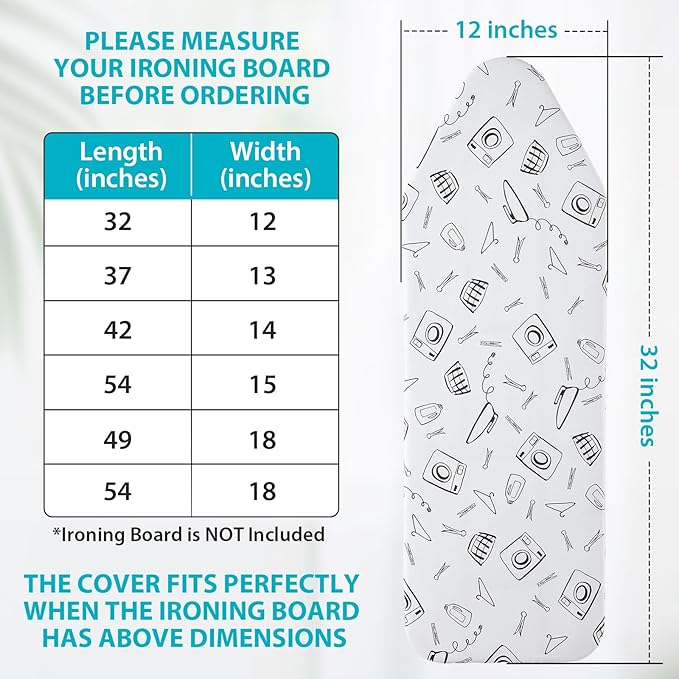 Extra Wide Ironing Board Cover and Pad 18 x 54 inch Heat Reflective with Hook and Loop Fasteners, Thick Padding with Elasticized Edges, 3 Layers Iron Board Cover (White)