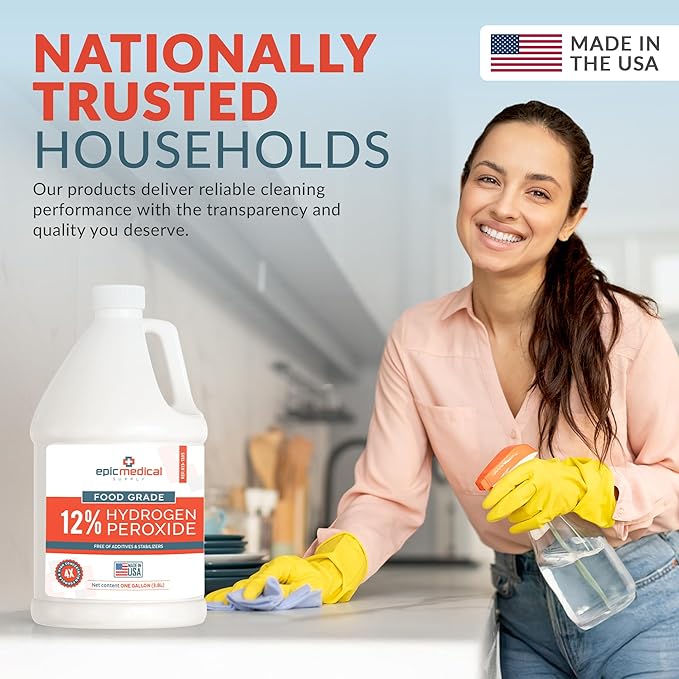 12% Food Grade Hydrogen Peroxide – Ultra-Concentrated H2O2 Peroxide Cleaner – 1 Gallon Bottle – Bleach Alternative for Household Cleaning, Laundry, Glass & More – Made in USA (4)
