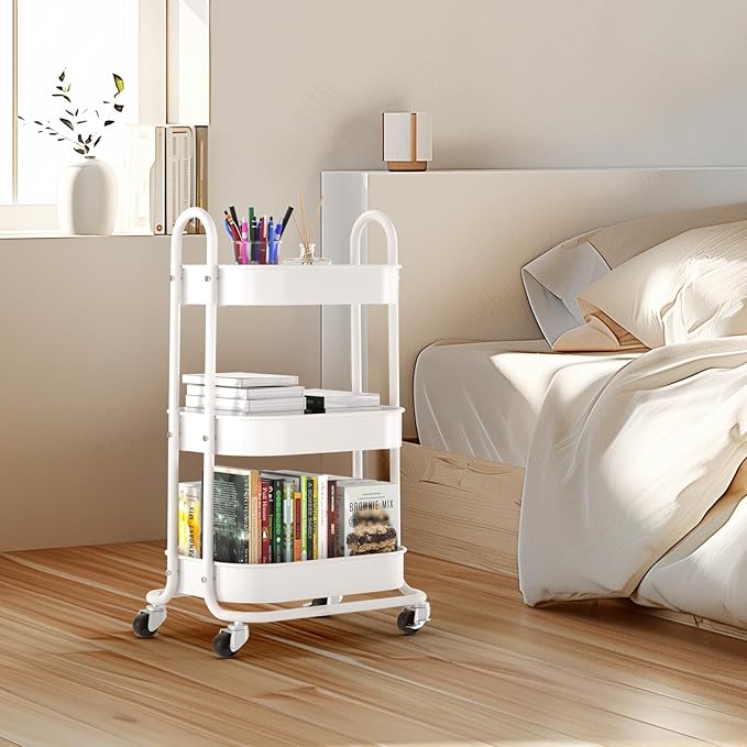 EAGMAK 3 Tier Rolling Cart, Round Metal Utility Cart with Lockable Wheels, Storage Cart Organizer Trolley with Mesh Shelves for Living Room, Kitchen, Bedroom, Office(White)