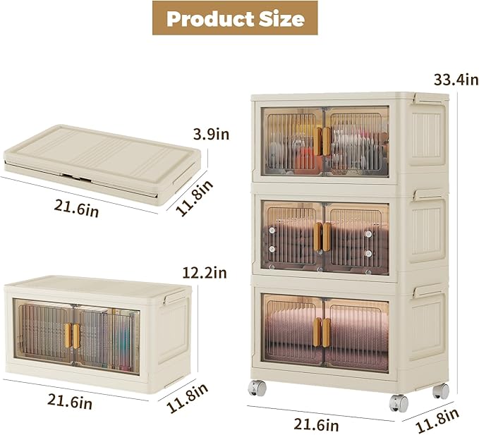 3 Tier Stackable Plastic Storage Bins with Lids 48QT, Collapsible Closet Organizers and Storage with Wheels for Living Room,Office,Dorm