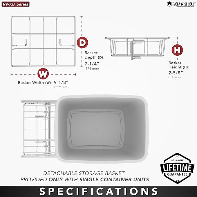Rev-A-Shelf Pullout Trash Can for Kitchen Cabinets 35 Qt Garbage Waste Recycling Bin w/ Full Extension Slide, Metallic Silver, RV-12KD-17C S