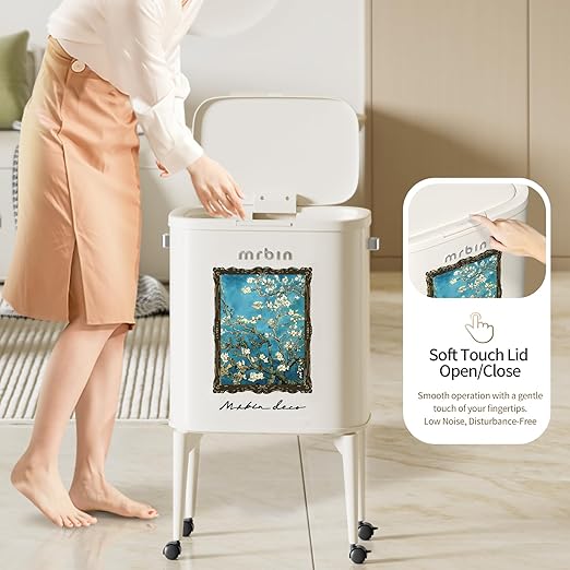 MRBIN Metal Kitchen Trash Can with Wheel Legs, 36L / 9.5gal Medium Press Lid Slim Removable Waste Basket, Pet Proof Tall Narrow Garbage Pail for Vanity, Bedroom, Bathroom, Living Room, Almond Blossom