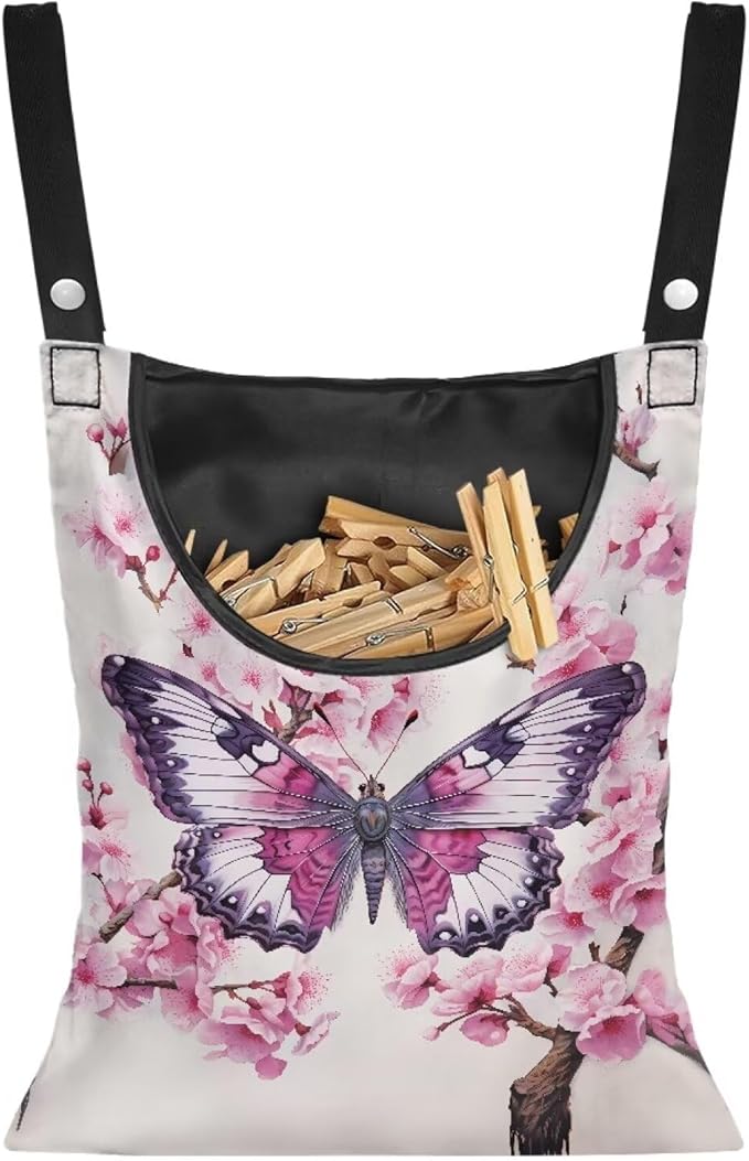 Clothes Pin Hanging Bag, Butterfly Clothes Pins Bag Holder Outdoor 4.Stylish Clothespin Bag with Hanging Rope for Clothes Pin and Clothespin