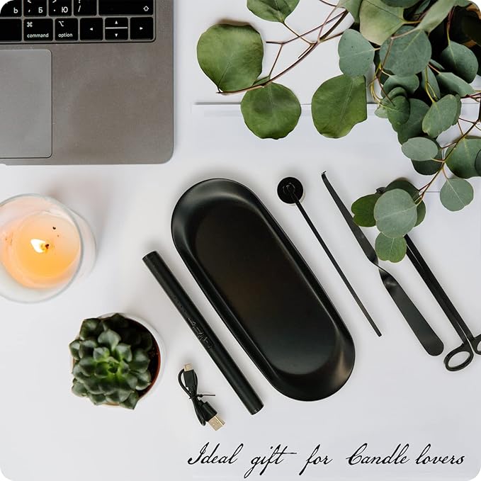 Exquisite Candle Accessories Tool Pack Bag, Rechargeable Electric Lighter， Wick Trimmer, Dipper, Snuffer and Tray Holder Elegant Kit Gift for Candle Lovers in Dating, Valentines Decor. ( Matte Black )