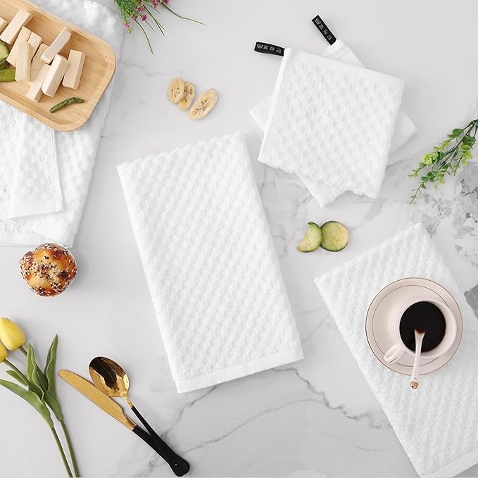 Fintale 100% Cotton Kitchen Towels and Dishcloths Set, 12 x 12 & 15 x 25 Inches, Set of 8 Bulk Super Soft and Absorbent Terry Cloth Dish Towels, Quick Drying Hand Towels with Hanging Loop, White
