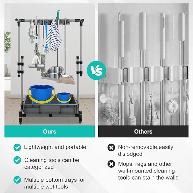 Rolling Cleaning Cart with Mop & Broom Organizer,Movable Floor-Mounted Mop Rack Floor Standing Cleaning Tool Cart with Wheels for Housekeeping, Garage &Garden