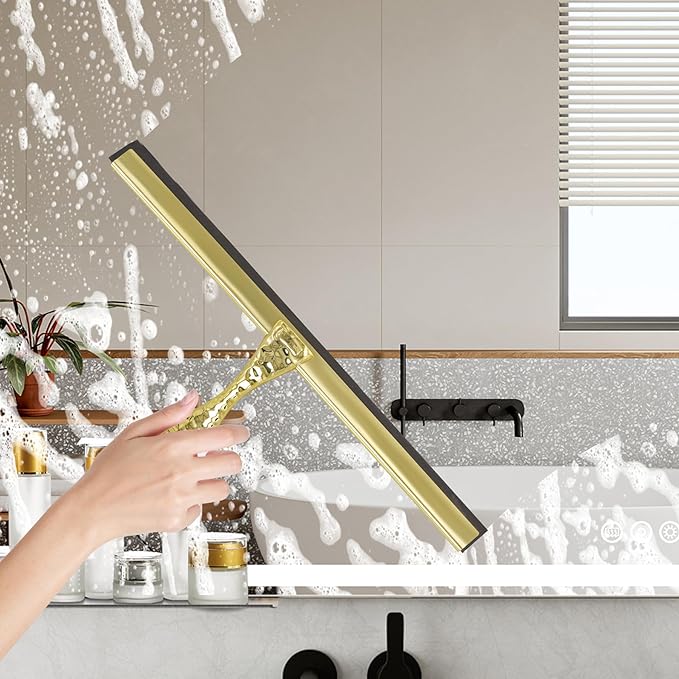 All-Purpose Silicone Shower Squeegee for Shower Glass Door,with 1 Hooks,for Bathroom Glass, Car, Tile Wall, Mirror Cleaning - Flower Shaped Handle for Easy-Grip 10 Inch Golden