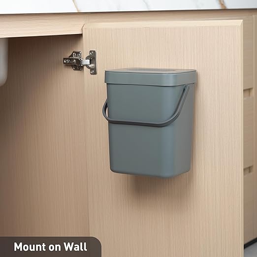 EKO Puro Mini Wall-Mounted Kitchen Trash Can with Lid Food Waste Caddy, 0.79 Gal / 3L (Grey)