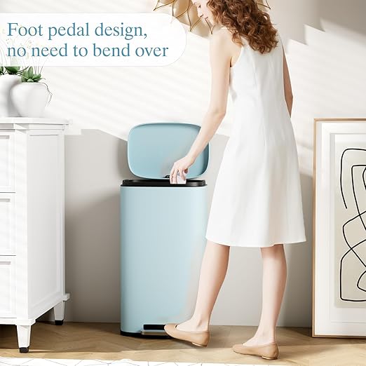 AthLike Trash Can, Stainless Steel Kitchen Garbage Can, Step Waste Bin with Hinged Lid and Removable Inner Bucket, Soft-Close, Dustbin for Bathroom Bedroom Living Room Home (Tide Pool Blue, 8 Gal)