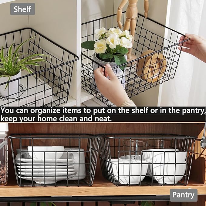 5 Pack Wire Storage Baskets, Premium Pantry Baskets for Storage, Metal Freezer Storage Organizer Baskets Bins with Handles for Kitchen Cabinets, Pantry, Bathroom (Black, Small)