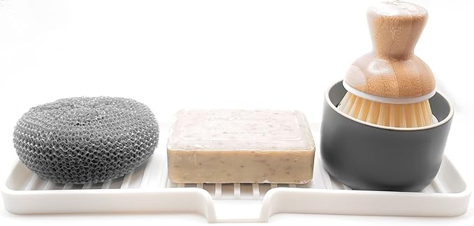 Happitasa Silicone Soap Dish Tray and Sponge Holder with Drain Chute | Bathroom and Kitchen Sink Organizer Caddy (White, 12"x4", 7.4 Ounces)