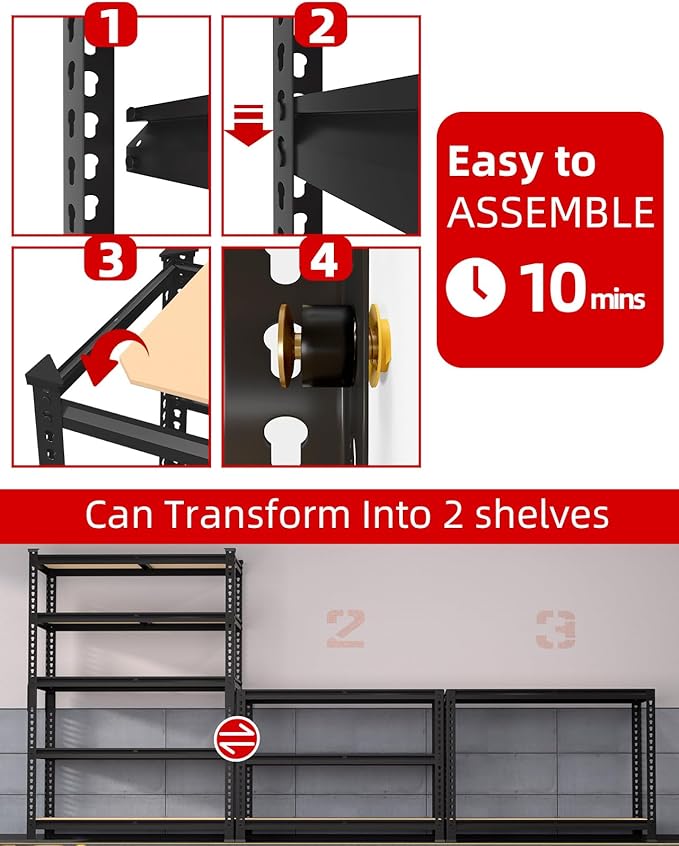PrimeZone 35.5" x 12" x 72" Heavy Duty Storage Shelves - 5 Tier Adjustable Garage Storage Shelving, Metal Storage Utility Rack Shelf Unit for Warehouse Pantry Closet Kitchen, Black, 2 Pack