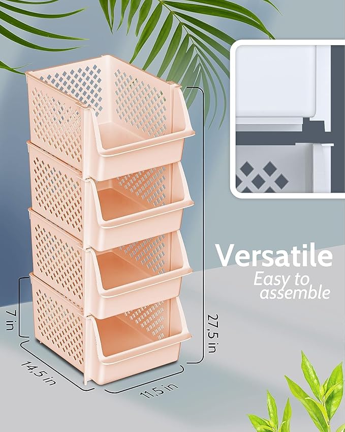 Skywin Stackable Storage Bins for Pantry, 12 Pack Stackable Bins For Organizing Food, Kitchen, and Bathroom Essentials (Light Pink)