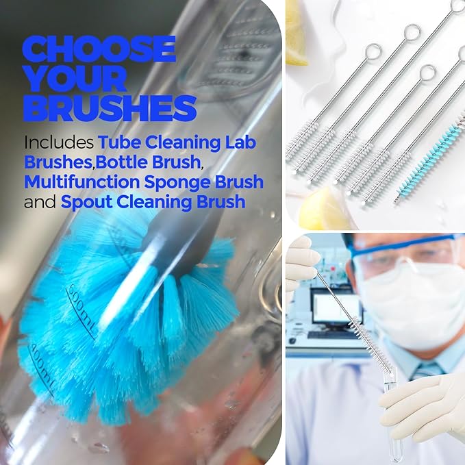Holikme Bottle Brush Tube Cleaning Lab Set with Long Handle, Cup Cleaner for Washing Narrow Neck Beer Wine Decanter Pipes Lids Sinks Cap Covers, Green