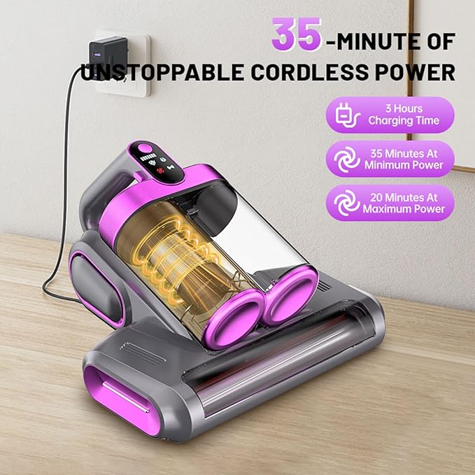 Bed Vacuum Cleaner, 16Kpa Mattress Vacuum Cleaner with 253.7nm UV-C Light 48000 RPM/Min Brushroll & Ultrasonic Tech Dual Bins for Dust & Widen Suction Port 120W Cordless for Bed Sofa(Purple)