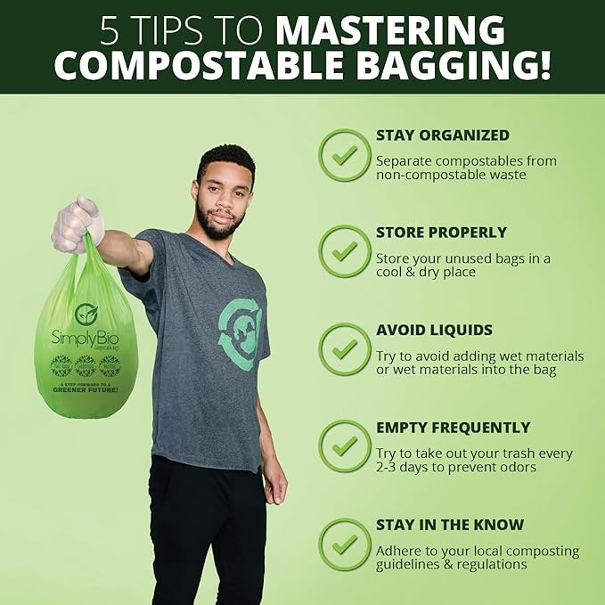 Simply Bio 1.6 Gallon Compostable Trash Bags Liners Handle, Heavy Duty Extra Thick 0.6 Mil, 6.06 Liter, 50 Bags, Small Kitchen Food Scrap Waste Bag, ASTM D6400, US BPI and OK Compost Home Certified