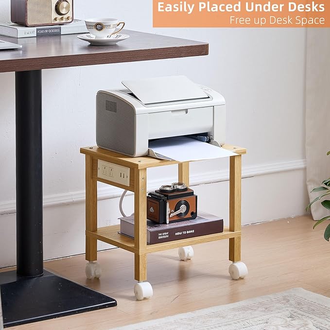 Lerliuo Under Desk Printer Stand with Charging Station, 2 Tier Wooden Small Printer Table with Storage, Rolling Printer Cart Shelf with Lockable Wheels for Home, Office (Natural)