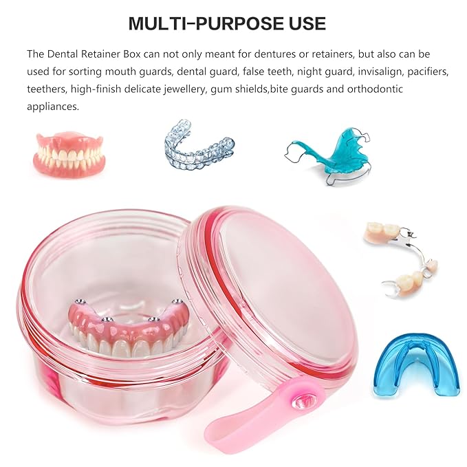 No Leak & Non-Slip Partial Denture Case Retainer Bath Box Cup, Denture Soaking Cup False Teeth Holder Box Case with Strainer Basket and Brush,Dishwasher safe - Transparent Pink