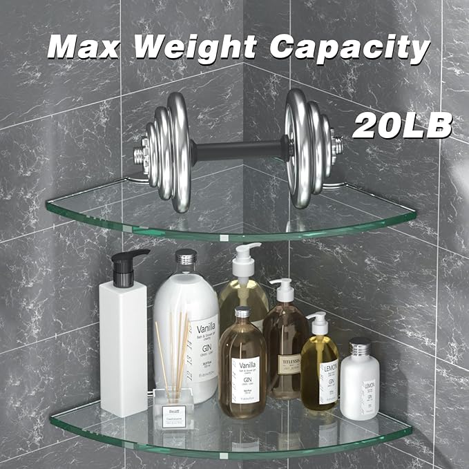 Corner Glass Shower Caddy 2 Pack 8MM-Thick Tempered Glass Shelf No Drilling Wall Mount Corner Mounted Shelves Space Saver Adhesive Bathroom Home Shelf Shampoo Holder Organizer Strong Adhesion