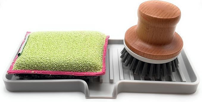 Happitasa Silicone Soap Dish Tray and Sponge Holder with Drain Chute | Bathroom and Kitchen Sink Organizer Caddy (Light Grey, 9"x3.5", 5.6 Ounces)