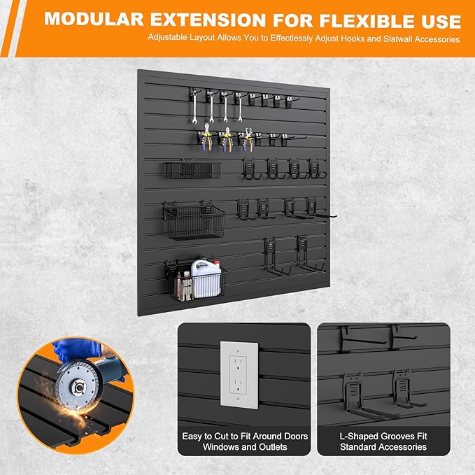 DoCred Slatwall Paneling Organizer, 4x4 FT PVC Garage Slat Wall Storage Systems, Heavy Duty Mounted Slat Peg Board for Tool Organization Ladder Bike Rack (Black)