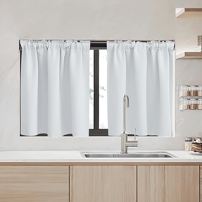 RYB HOME Small Window Curtains - Blackout Insualting Privacy Curtains for Kids Bedroom Kitchen Bathroom Basement Cafe Cabinet Tiers Drapes, 34 Width x 30 Length, 2 Panels, Grayish White