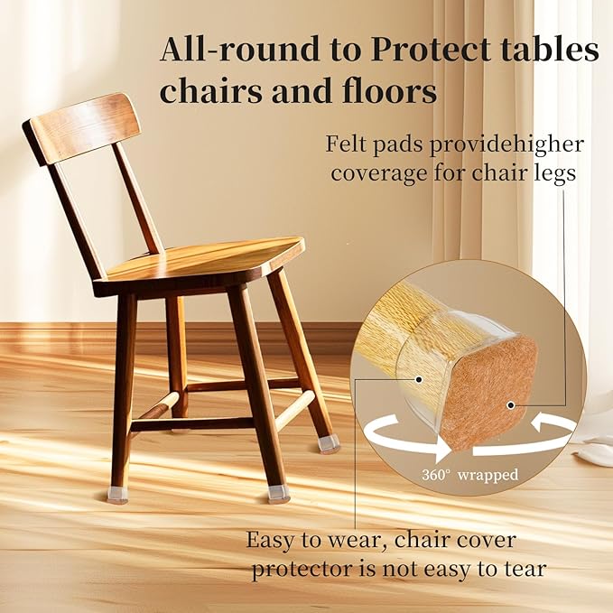 Square Chair Leg Floor Protectors Medium 24Pcs,Silicone Chair Leg Protectors for Hardwood Floors/Tiles,Clear 360°Wrapped Felt Bottom to Prevent Scratch and Reduce Noise