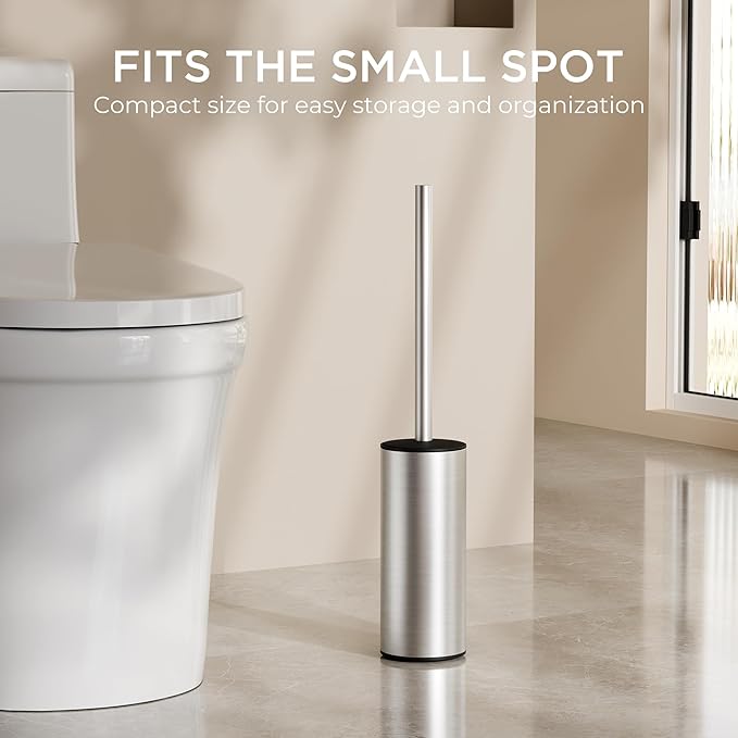 FORIOUS Toilet Brush and Holder Set Brushed Nickel, 304 Stainless Steel Long Handle and Heavy Duty Base for Bathroom Deep Cleaning, Drip-Proof, Space Saving for Storage, 2 Toilet Bowl Brush Head