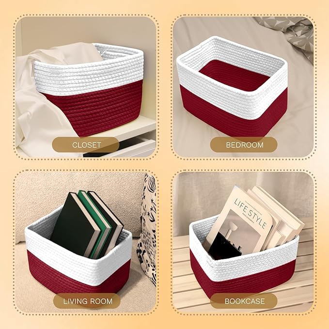 Hopegiver Woven Storage Baskets 11x8x7 Inch, 3 Pack Collapsible Cube Storage Bin for Shelves - Foldable Cotton Rope Organizer Bins for Towels, Toys, Books, Closet, Nursery (White Red)