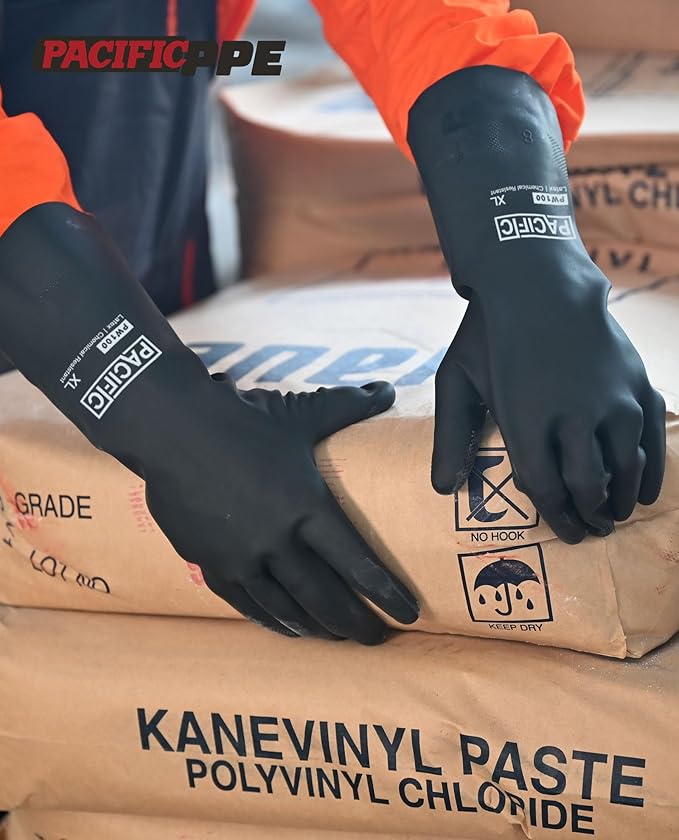 PACIFIC PPE Chemical Resistant Gloves, Heavy Duty Industrial Rubber Gloves, Resist Acid, Alkali and Oil, 12.6", Large
