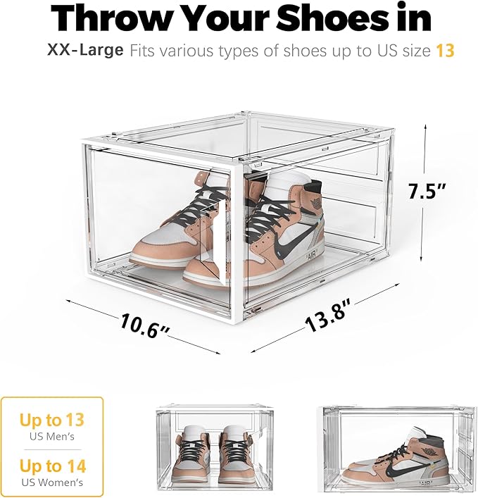Shoe Storage Boxes Fit Size 13, White Plastic Stackable Shoe Organizer for Closet, Shoe Rack & Holder Sneaker Container, Thicken & Sturdy 6-Sided Hard Clear White 6 Pack
