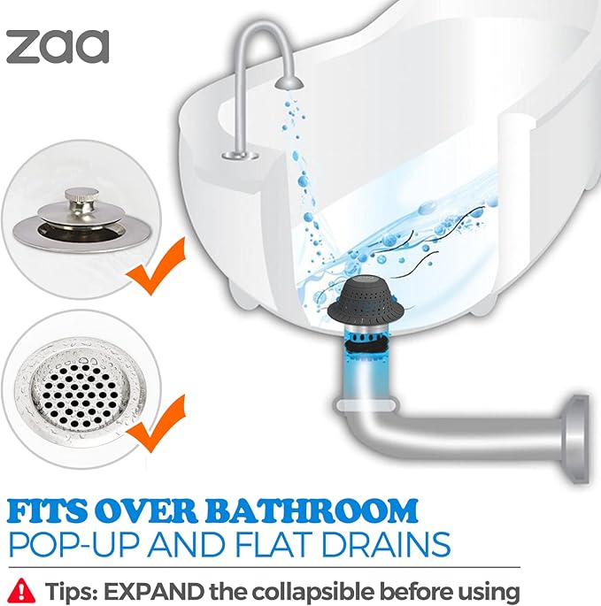 zaa Bathtub Drain Hair Catcher, 2 Pack Silicone Collapsible Bathtub Drain Cover Hair Catcher & Protector for Pop-Up & Regular Drains of Shower, Bathtub, Tub, Bathroom, Sink, Gray & Black