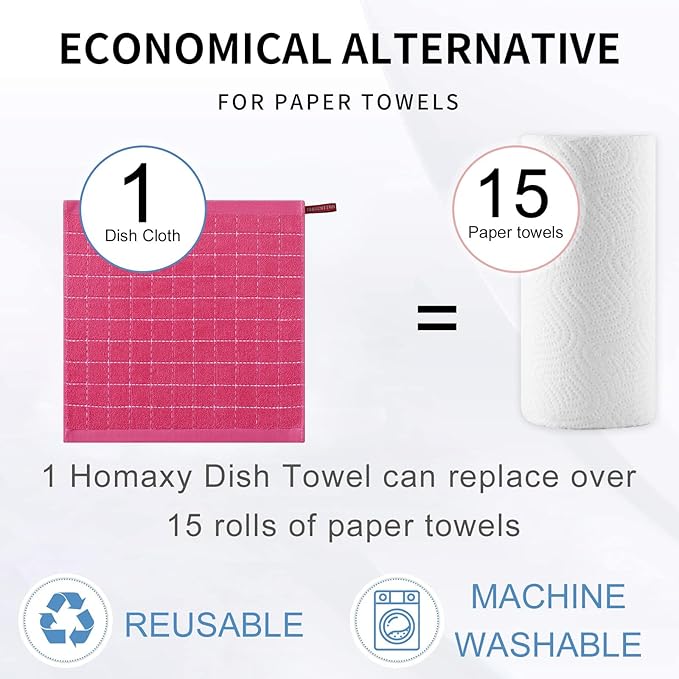 Homaxy 100% Cotton Terry Kitchen Dish Cloths, Ultra Soft and Absorbent Dish Towels for Kitchen, Suitable for Drying and Washing Dishes, 8 Pack, 12 x 12 Inches, Rose Red