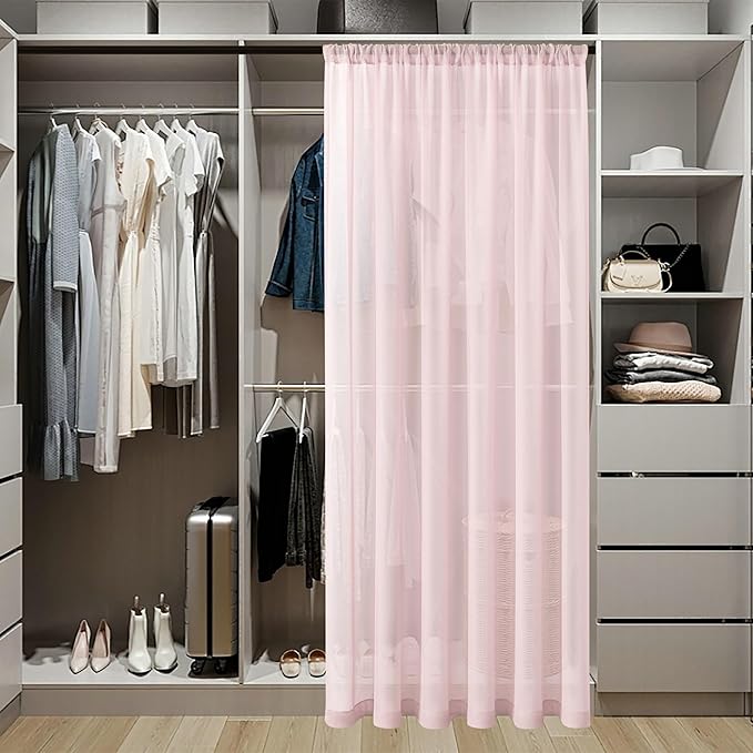 Tollpiz Sheer Door Curtains Closet Linen Textured Curtains Sheer Doorway Light Filtering Voile Rod French Door Pocket Curtain Patio Glass Door, 25 x 72 inches Long, Pink, Set of 1 Panel
