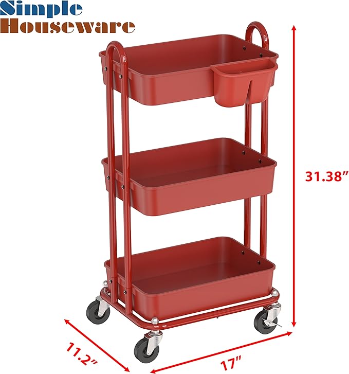 Simple Houseware 3-Tier Multifunctional Rolling Utility Cart with Hanging Bucket, Red
