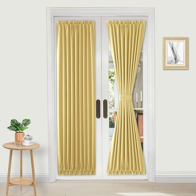 DWCN French Door Curtains – Rod Pocket Thermal Blackout Curtain for Doors with Glass Window, Kitchen and Patio Doors for Privacy, 36 X 72 Inches Long, 1 Curtain Panel with Tieback,Light Yellow