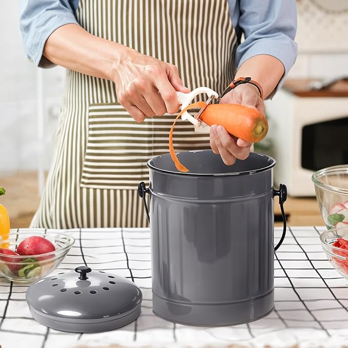 Plexon Countertop Compost Bin Kitchen with Lid, Gray 1.5 Gallon Odorless Container, Steel Food Compost Bucket for Kitchen with Charcoal Filter, Compost Pail for Countertop