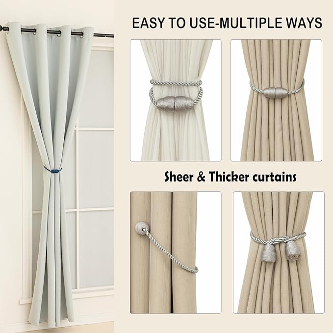 Magnetic Curtain Tiebacks - Rope Tiebacks for Curtains & Drapes, Decorative Window Holdbacks, Grey (2 Pack)