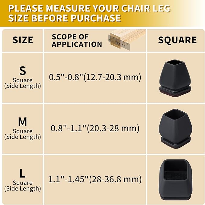 Ezprotekt 24 Pcs Small Square Silicone Chair Leg Floor Protectors for Wood Floors, Felt Furniture Pads Caps, Bar Stool Leg Floor Protectors Covers for Chair Desk Table (Fit 0.5"- 0.8", Black)
