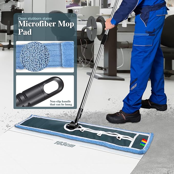 42" Commercial Dust Mop,Masthome Heavy Duty Industrial Mop with 1 Cotton & 1 Microfiber Pad,Dust Mops for Floor Cleaning,Wet & Dry Use Commercial Mop for Hardwood Floors,Tiles,Marble Floors